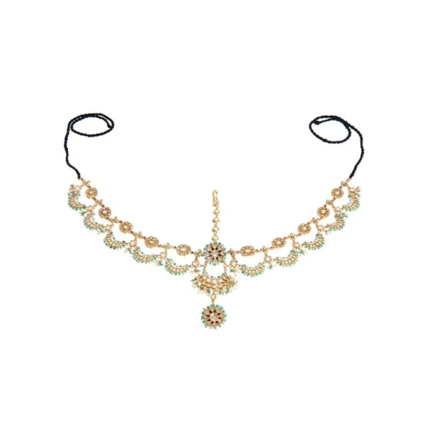 Aaradhya green Kundan double-layer Mathapatti with gold plating and white stone detailing