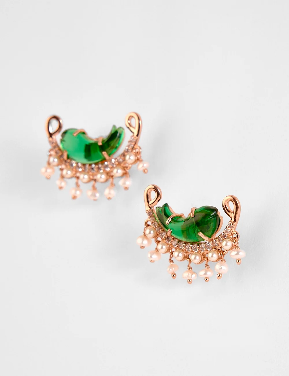 Jade Bloom Stud Earrings featuring a jade-green stone and rose-gold finish