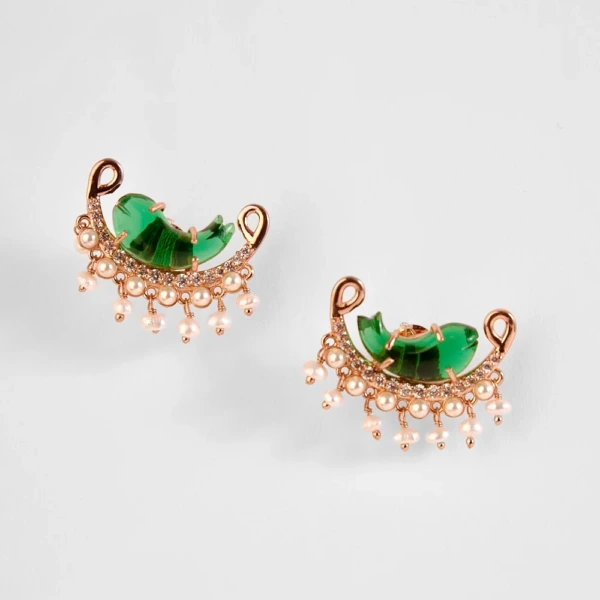 Jade Bloom Stud Earrings featuring a jade-green stone and rose-gold finish