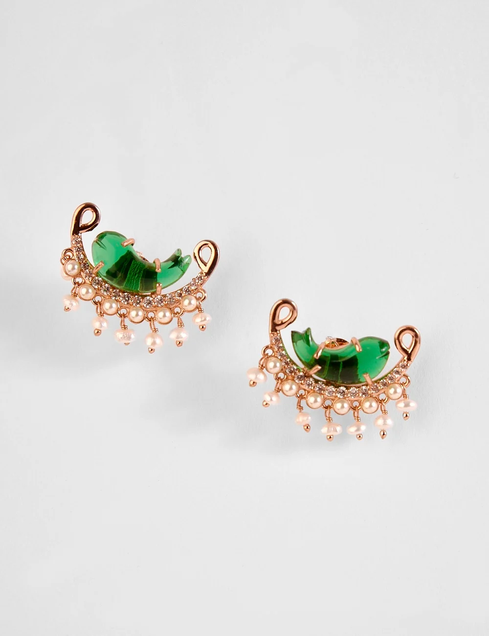 Jade Bloom Stud Earrings featuring a jade-green stone and rose-gold finish