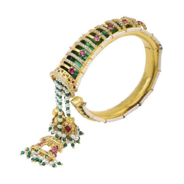 Meher Emerald Pearl Hand Cuff with green detailing, pink stones and white pearl embellishments