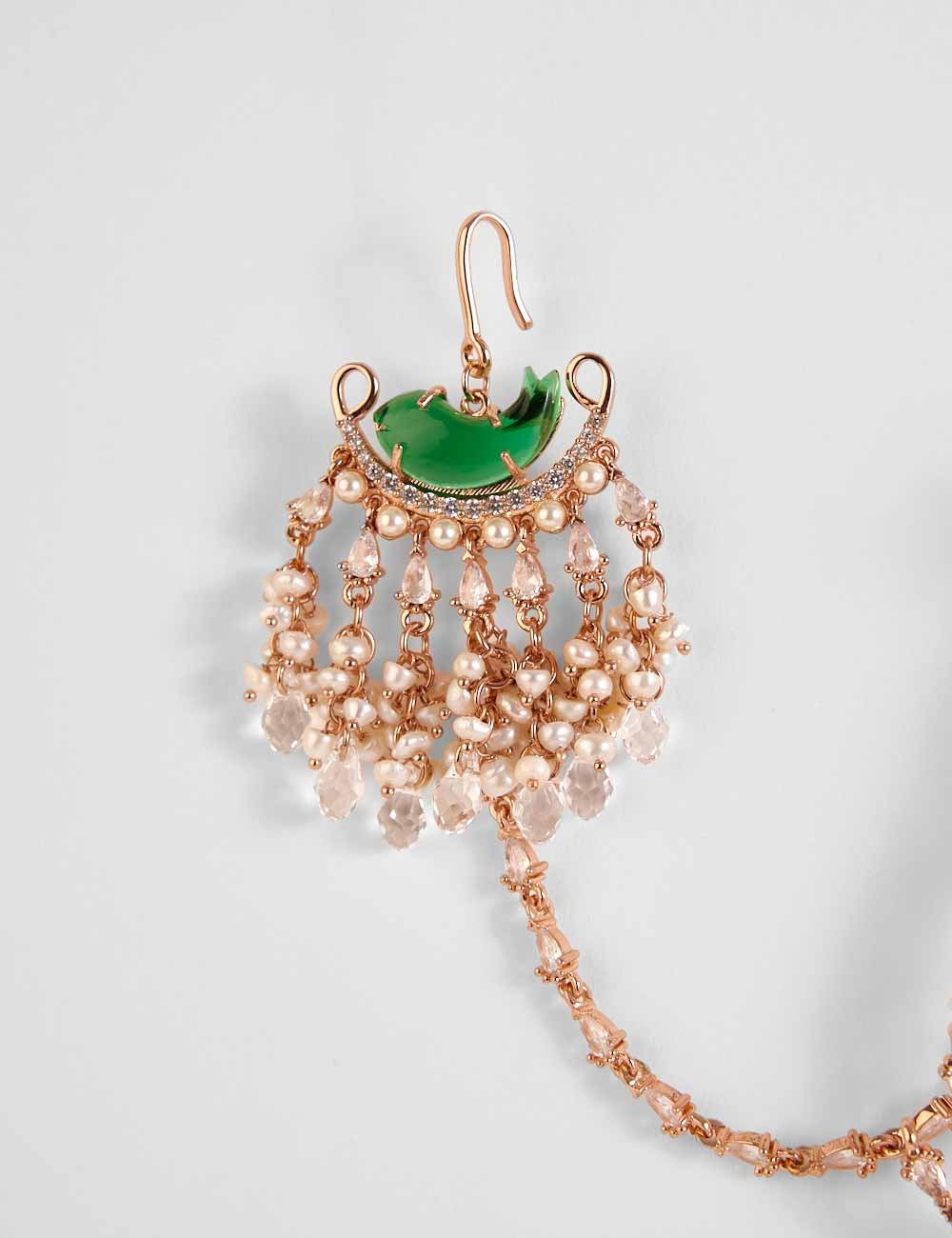 Verdant Dewdrop Rose Gold Earrings featuring a jade-green stone