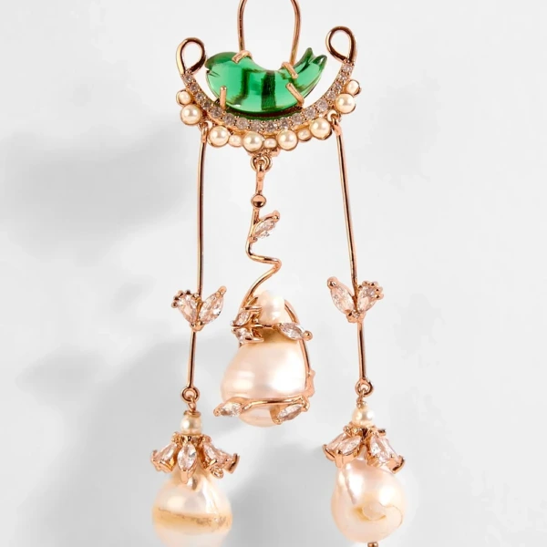 Verdant Dewdrop Rose Gold Earrings featuring a jade-green stone