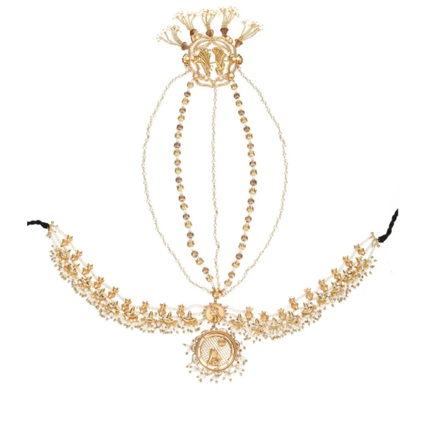 Aaradhya Pearl Radiance gold and white Mathapatti with 1 micron gold plating