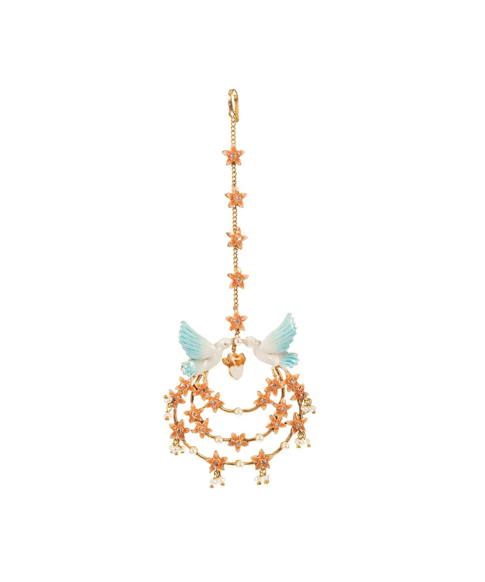 Aaranya blue and peach floral tikka with 1 micron gold plating