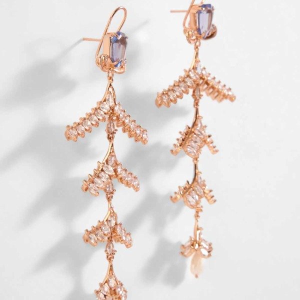 Aurelia Crystal Cascade rose gold drop earrings with natural pearls, carved stones and cubic zirconia