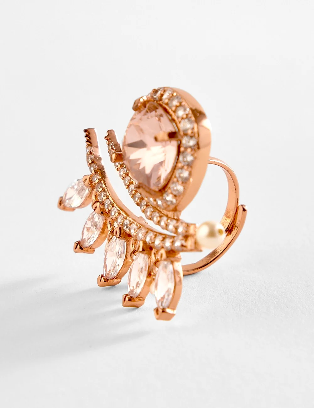 Aurelia Pearl Sculpt rose gold midi ring with carved stones, natural pearls and cubic zirconia