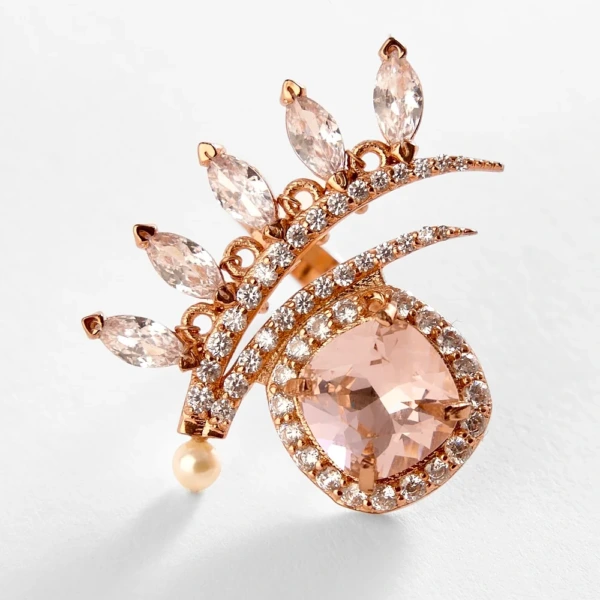 Aurelia Pearl Sculpt rose gold midi ring with carved stones, natural pearls and cubic zirconia