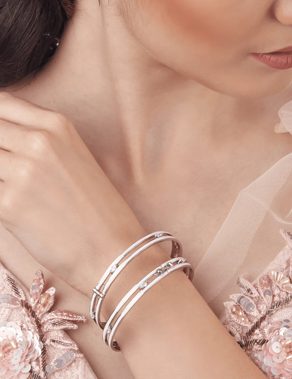 Elara crystal silver bangles with 22K silver plating on a brass base
